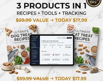 Pacchetto completo per la cura degli animali domestici / Centro per la cura degli animali + 100 ricette di snack per cani e gatti / Download digitale / Regalo per amanti degli animali / Snack fatti in casa con funzione di monitoraggio veterinario