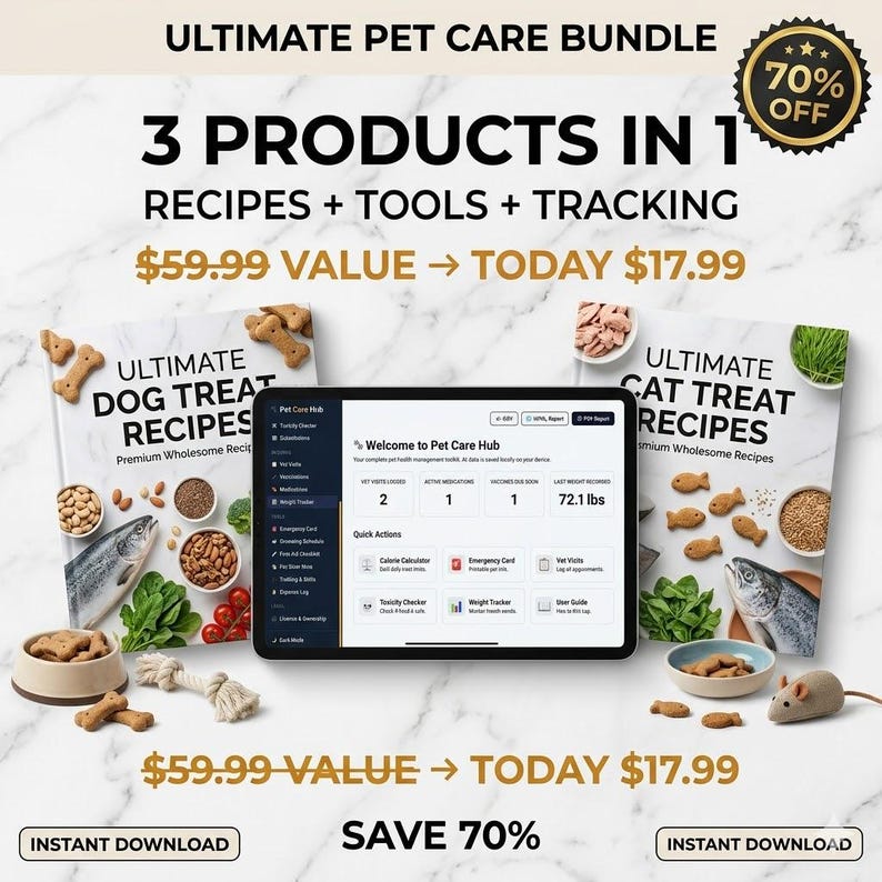 Ultimat husdjursvårdspaket | Pet Care Hub + 300 recept på hund- och kattgodis | Digital nedladdning | Present till husdjursmamma | Veterinärspårning Hemgjorda godsaker bild 1