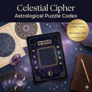Könnte beinhalten: Dunkelblaues Bild mit dem Text "Celestial Cipher Astrological Puzzle Codex". Ein Tablet zeigt ein astrologisches Wortsuchspiel. Weitere Elemente sind Tarotkarten, ein Notizbuch und ein Stift. Der Text "Interactive HTML Game + Printable PDF No Installation" ist ebenfalls enthalten.
