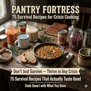 Może przedstawiać: Rustykalny drewniany stół prezentuje składniki i miskę z zupą, z tekstem "Pantry Fortress" i "75 Survival Recipes for Crisis Cooking". Widoczne są słoiki z soczewicą, ryżem i fasolą, a także pomidory w puszce i chleb.