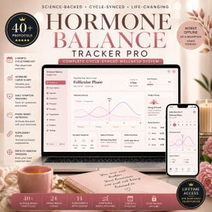 May include: A digital Hormone Balance Tracker Pro system displayed on a laptop and smartphone screen. The interface shows a follicular phase dashboard, hormone curve charts, symptom tracking, and nutrition protocols. A notebook with text is in the foreground.
