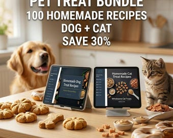 Paquete de recetas caseras para golosinas de mascotas / 100 recetas para perros y gatos / Regalo para amantes de las mascotas / Libro de cocina digital / Descarga instantánea / Golosinas naturales para mascotas