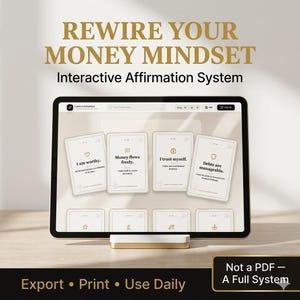 Puede incluir: Una tableta digital que muestra un sistema de afirmación interactivo con el texto "REWIRE YOUR MONEY MINDSET". La pantalla muestra tarjetas de afirmación con frases como "Soy valioso" y "El dinero fluye libremente". La tableta descansa sobre un soporte blanco y dorado.