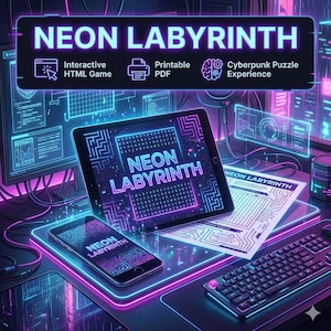 May include: A digital artwork promoting "NEON LABYRINTH", a cyberpunk puzzle game. The image shows a tablet, smartphone, and printed PDF, all displaying the game's logo in neon blue and pink. A keyboard and computer monitor are also visible.