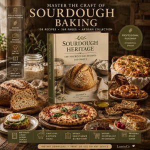 Op de afbeelding: Een hardcover boek getiteld Sourdough Heritage met 138 recepten en 369 pagina's, omringd door diverse zuurdesembroden, een pizza, pretzels en avocado-toast. De kaft toont een brood en de tekst Master the Craft of Sourdough Baking.