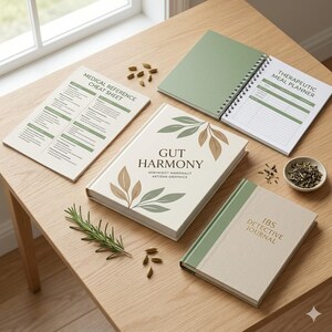 May include: A collection of health and wellness journals and planners on a wooden table. The items include a "Medical Reference Cheat Sheet", a "Gut Harmony" book, a "Therapeutic Meal Planner", and an "IBS Detective Journal". The color scheme is primarily green and beige.