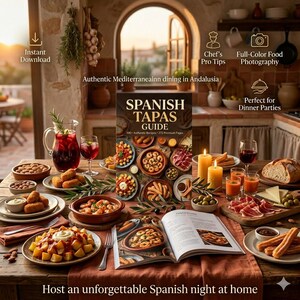 以下が含まれることがあります： 「Spanish Tapas Guide」というタイトルの料理本を中心に、パタタスブラバス、コロッケ、オリーブなどのスペイン風タパスが並んだテーブル。サングリアやワインなどの飲み物も。キャンドルの光が温かい雰囲気を作り出している。