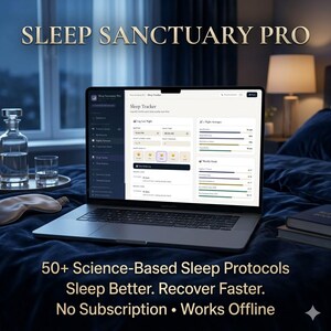 以下が含まれることがあります： ダークブルーのベッドカバーの上に置かれた、Sleep Sanctuary Pro睡眠トラッカーインターフェースを表示するシルバーのノートパソコン。テキスト：SLEEP SANCTUARY PRO, 50+ Science-Based Sleep Protocols, Sleep Better. Recover Faster. No Subscription • Works Offline。