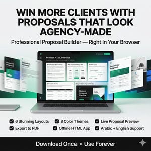Peut inclure: Un ordinateur portable affichant une interface de création de propositions avec le texte "WIN MORE CLIENTS WITH PROPOSALS THAT LOOK AGENCY-MADE". L'image présente des mises en page, des thèmes de couleurs et l'exportation PDF.