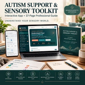 Könnte beinhalten: Ein Autismus-Unterstützungs- und Sensorik-Toolkit mit einem Laptop, der eine interaktive App anzeigt, einem Smartphone mit einer Strategiebibliothek und einem 37-seitigen Referenzhandbuch. Die Materialien enthalten den Text Autism Support & Sensory Toolkit und Understand Your Sensory World sowie Symbole für Strategien, soziale Batterie und Routinen.