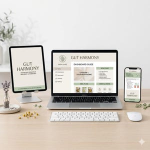 May include: A digital wellness program, "Gut Harmony," is displayed on a laptop, tablet, and smartphone. The laptop shows a dashboard guide, while the tablet and phone display the program's logo and title. A keyboard, mouse, and decorative elements are also present.