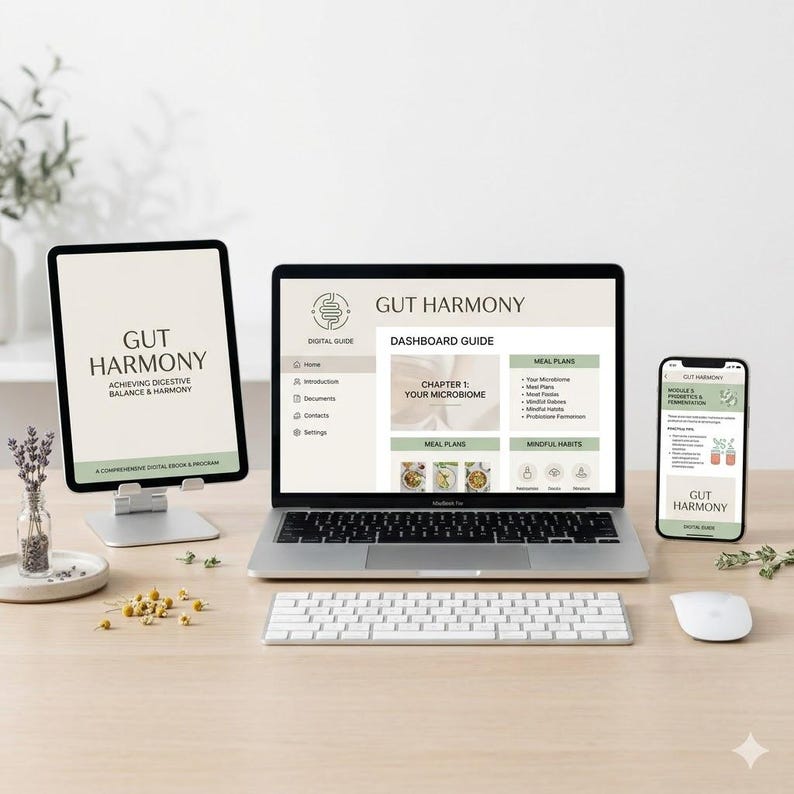 May include: A digital wellness program, "Gut Harmony," is displayed on a laptop, tablet, and smartphone. The laptop shows a dashboard guide, while the tablet and phone display the program's logo and title. A keyboard, mouse, and decorative elements are also present.