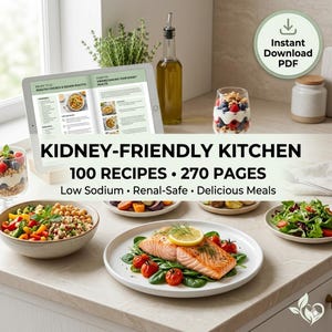 Pode incluir: Um livro de receitas digital intitulado "Kidney-Friendly Kitchen" com 100 receitas e 270 páginas. A imagem mostra um tablet exibindo receitas, juntamente com vários pratos saudáveis, incluindo salmão, vegetais e um parfait. O livro de receitas promete refeições com baixo teor de sódio, seguras para os rins e deliciosas.
