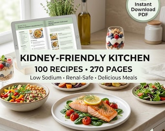 Ricettario per pazienti renali — 100 ricette per dieta renale / A basso contenuto di sodio e potassio / Piano alimentare per malattia renale cronica (CKD) in formato PDF / Salute delle ghiandole surrenali / Download digitale immediato