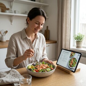 May include: A woman seated at a wooden table enjoys a fresh salad with salmon, avocado, and tomatoes. A tablet displaying a recipe for "Gut Harmony" rests on a wooden stand. The scene is set in a bright kitchen.