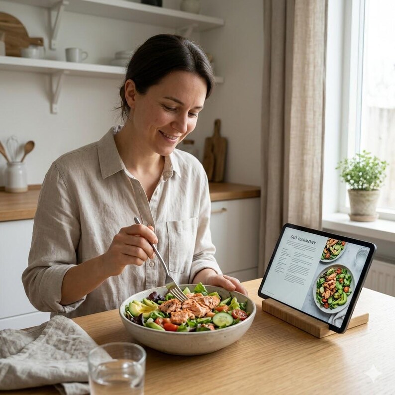 May include: A woman seated at a wooden table enjoys a fresh salad with salmon, avocado, and tomatoes. A tablet displaying a recipe for "Gut Harmony" rests on a wooden stand. The scene is set in a bright kitchen.