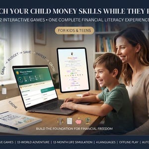 Pode incluir: Um computador portátil e um tablet com software de literacia financeira com o texto TEACH YOUR CHILD MONEY SKILLS WHILE THEY PLAY, FOR KIDS & TEENS e BUILD THE FOUNDATION FOR FINANCIAL FREEDOM, junto a um livro intitulado MONEY SKILLS.