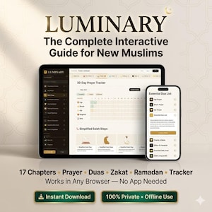 Puede incluir: Guía digital para nuevos musulmanes, "LUMINARY", mostrada en tableta y smartphone. La interfaz incluye un rastreador de oración de 30 días y una lista de duas esenciales. La guía ofrece 17 capítulos, oración, duas y más.