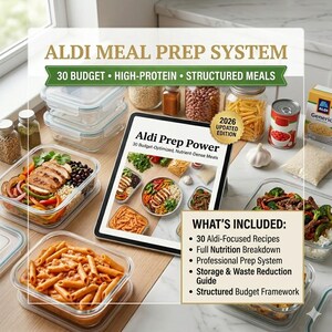May include: An image showcasing a meal prep system with the text "ALDI MEAL PREP SYSTEM." The image includes a tablet displaying "Aldi Prep Power" and various meal containers filled with food. Ingredients like pasta, beans, and spices are also visible.