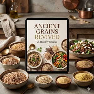 May include: A digital tablet displays the title "ANCIENT GRAINS REVIVED" with "75 Healthy Recipes" below it. The image is surrounded by small bowls filled with various grains and a salad, suggesting a healthy eating theme.