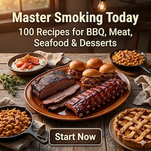 May include: A wooden table displays a variety of BBQ dishes, including brisket, ribs, sliders, and sides like mac and cheese and a peach pie. The image has text that reads "Master Smoking Today" and "100 Recipes for BBQ, Meat, Seafood & Desserts". A button says "Start Now".