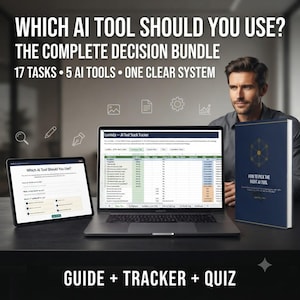 May include: A digital product bundle featuring a laptop displaying an AI tool stack tracker spreadsheet, a tablet showing an AI tool selection quiz, and a dark blue book titled How to Pick the Right AI Tool. Text reads: Which AI Tool Should You Use?