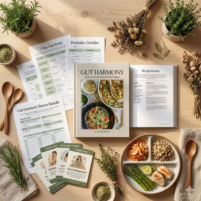 May include: A flat lay featuring a cookbook titled "GUT HARMONY" with a guide to conscious eating and emotional balance. The image includes recipe cards, a plate of food, herbs, and wooden spoons, all arranged on a wooden surface.
