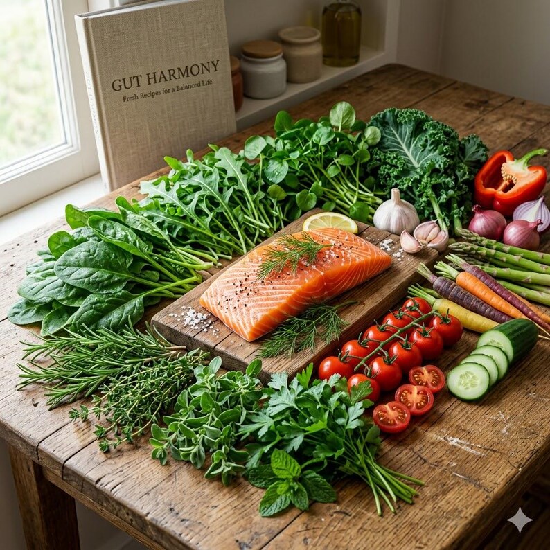 May include: A wooden table displays a fresh salmon fillet on a wooden board, surrounded by fresh vegetables and herbs. The arrangement includes spinach, arugula, tomatoes, and a cookbook titled "GUT HARMONY".