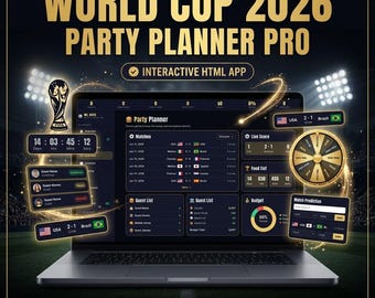 Organizzatore di feste per i Mondiali 2026: kit digitale interattivo per la festa, lista degli invitati, strumento di monitoraggio del budget, scheda punteggi, ruota dei premi, download immediato in formato HTML.