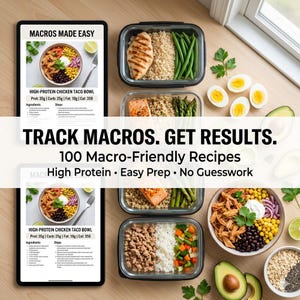 Pode incluir: Uma vista aérea de refeições macro-amigáveis em recipientes transparentes, juntamente com um tablet mostrando uma receita para uma tigela de taco de frango rica em proteínas. O texto "TRACK MACROS. GET RESULTS" promove uma alimentação saudável.