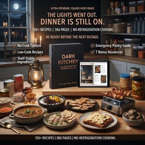 Peut inclure: Un livre de cuisine intitulé Dark Kitchen avec le texte The Lights Went Out. Dinner Is Still On. 150+ Recipes | 386 Pages | No-Refrigeration Cooking. Il est présenté avec une tablette, une lanterne et divers bols de nourriture.
