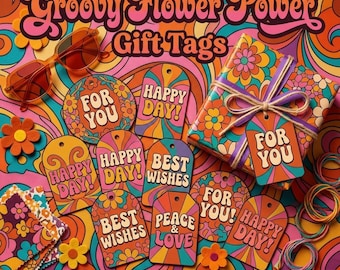 48 etichette regalo di compleanno in stile Groovy / Etichette Flower Power retrò anni '70 / Etichette di compleanno hippie vintage / Kit di cancelleria psichedelica