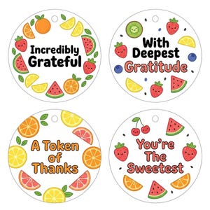 Etiquetas de agradecimiento con diseño de comida adorable / 48 etiquetas de regalo para snacks infantiles / Etiquetas divertidas para dulces / Etiquetas de recuerdo con dibujos animados de comida / Papelería artesanal de primera calidad