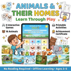 Animals and Their Homes Interactive Learning App for Kids | Preschool Educational Game | Printable Flash Cards | Toddler Activity | Offline