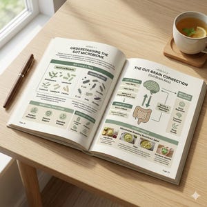 May include: An open book on a wooden table, detailing the gut microbiome and gut-brain connection. The pages feature diagrams of bacteria, the brain, and the gut, along with a recipe for sauerkraut salad. A pen and a cup of tea are also visible.