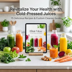 Könnte beinhalten: Ein Bild mit kaltgepressten Säften in Glasflaschen und einem Glas. Das Bild enthält ein Tablet mit dem Text "Elixir Vitae" und "75 Cold-Pressed Juice Recipes". Frische Produkte wie Karotten, Rote Bete und Zitronen sind ebenfalls zu sehen.