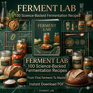 May include: A digital book titled Ferment Lab: 100 Science-Backed Fermentation Recipes, surrounded by glass jars of kimchi, miso, and sourdough starter, alongside bowls of grains, salt, and two loaves of crusty bread on a dark green surface.