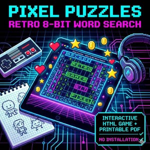 May include: A digital illustration promoting a retro 8-bit word search game. The image features a tablet displaying the game, a controller, headphones, and a notepad with pixel art. Text includes "Pixel Puzzles" and "Retro 8-Bit Word Search."