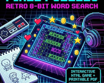 8-Bit Retro Word Search Puzzle | Interactive HTML Game & PDF