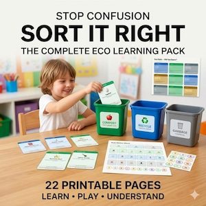 Sort It Right! Recycling Worksheet Bundle — 22 Page Printable Pack | Compost Recycle Garbage | Classroom Game Flash Cards Certificates