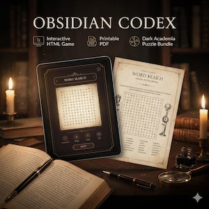 Puede incluir: Anuncio de "Obsidian Codex" con una tableta que muestra un juego de búsqueda de palabras y una hoja de rompecabezas impresa. La imagen incluye texto como "Interactive HTML Game" y "Dark Academia Puzzle Bundle."