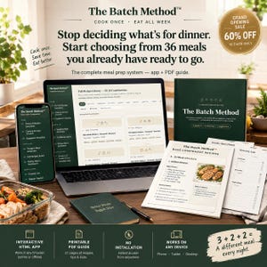 May include: The Batch Method meal prep system includes a laptop displaying a recipe library, a smartphone app, a printed PDF guide, and a notebook. The materials feature dark green covers with white text, detailing a 36-meal cooking system.