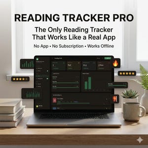 May include: A laptop displaying the "Reading Tracker Pro" interface, with the text "The Only Reading Tracker That Works Like a Real App." The screen shows reading goals, progress charts, and a five-star rating. A cup of coffee and books are on the wooden desk.