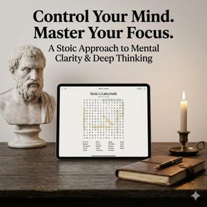 Könnte beinhalten: Bild mit dem Text "Control Your Mind. Master Your Focus." Ein Tablet zeigt ein Wortsuchrätsel mit dem Titel "Stoic's Labyrinth." Eine Büste und eine brennende Kerze stehen auf einer Holzoberfläche neben einem ledergebundenen Notizbuch.
