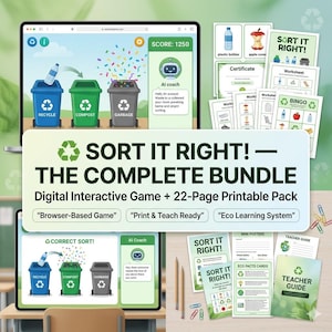 Sort It Right! Complete Bundle — Digital Game + 22-Page Print Pack | Recycling Sorting Activity | Classroom Earth Day Eco Game Kids