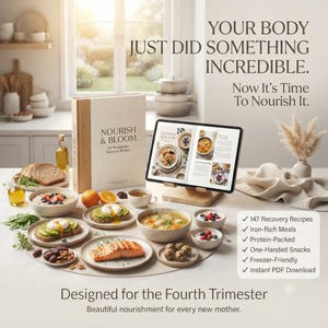 May include: A cookbook titled Nourish & Bloom: 147 Postpartum Recovery Recipes displayed with a tablet on a stand, surrounded by various healthy meals including salmon, avocado toast, oatmeal, and soup, with text about postpartum recovery.
