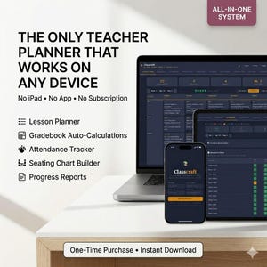 May include: A teacher planner displayed on a laptop, tablet, and smartphone. The screens show the Classcraft interface, with features like lesson planning, gradebook, attendance tracking, and seating chart builder. The text reads "THE ONLY TEACHER PLANNER THAT WORKS ON ANY DEVICE."