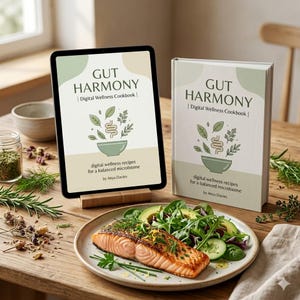 Puede incluir: Se muestra una tableta digital y un libro titulado "Gut Harmony | Digital Wellness Cookbook". Ambos presentan un diseño similar con texto e ilustraciones. Un plato de comida con salmón, aguacate y verduras está en primer plano.