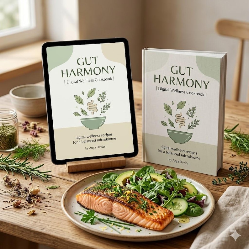 May include: A digital tablet and a book titled "Gut Harmony | Digital Wellness Cookbook" are displayed. The tablet and book feature a similar design with text and illustrations. A plate of food with salmon, avocado, and greens is in the foreground.