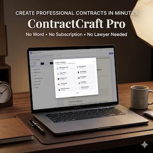May include: A laptop screen displays the "ContractCraft Pro" interface, offering contract templates. The screen shows a pop-up menu with options like "Web Design & Dev" and "Copywriting." A mug with "Freelance Fuel" is on the desk.